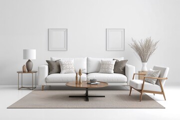 Fototapeta premium Contemporary lounge featuring sofa and cushion artwork