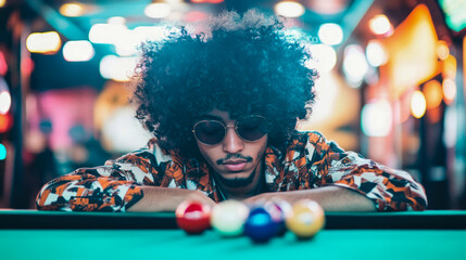 Stylish person with afro and sunglasses leaning pensively on vibrant teal pool table, surrounded by cool, blurred bokeh of colorful neon lights in entertainment venue