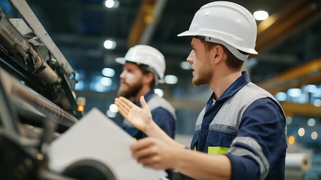Detailed close-up of a worker adjusting levers on an industrial press as colleagues observe, highlighting sharp machinery textures under factory lighting.
