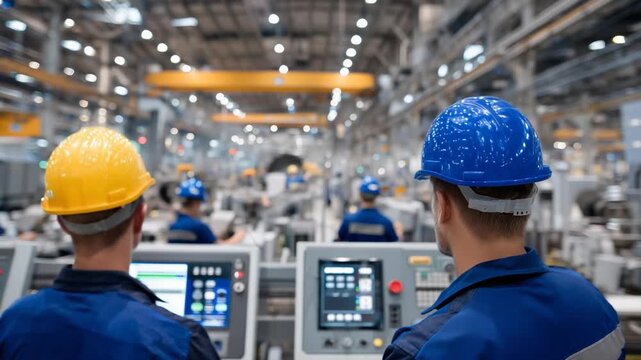 Explore the bustling interior of a paper mill, featuring advanced machinery and a diverse team of technicians in helmets inspecting control panels and gauges.