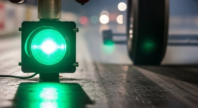 A bright green start light illuminated on a wet race track, signaling the beginning of competition.