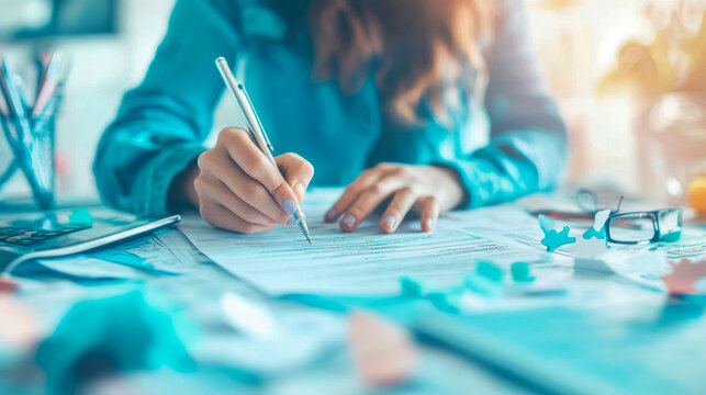 Professional's hands meticulously filling out forms with pen on paperwork-laden desk, bathed in soft glow, symbolizing administrative tasks, financial planning, and diligent work.