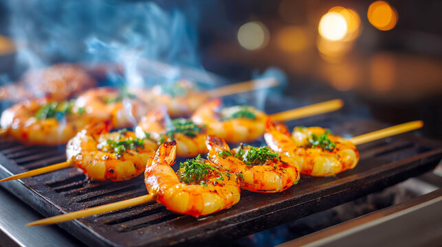 Shrimp skewers sizzling on a grill with visible smoke and bokeh lights in the background