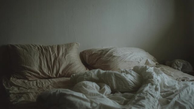 An unmade bed with rumpled white sheets and pillows in a dimly lit, sparse bedroom.