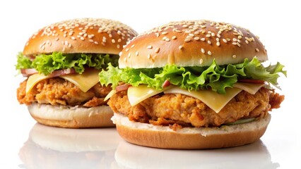 Two juicy crispy chicken burgers sitting on a clean and simple white background, with a slight shadow effect for added depth and texture , burger joint, lunch