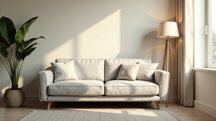 Fototapeta premium Sunlight Illuminates a Modern Living Room Featuring a Light Beige Sofa, Plush Cushions, a Stylish Floor Lamp, and a Lush Green Plant in a Woven Pot, Creating a Serene and Inviting Atmosphere