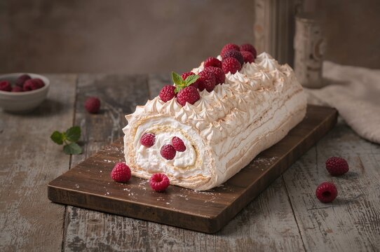 Creamy raspberry meringue roll displayed on a rustic wooden surface