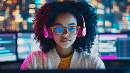 Focused young programmer or gamer with curly hair, glowing orange glasses, and vibrant pink headphones deeply engaged in multi-screen digital environment at night