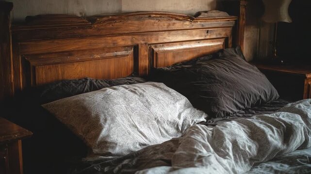 A rustic wooden bed with rumpled sheets and pillows in a dimly lit, cozy bedroom.