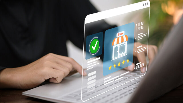 Online Store Verification with Five-Star Reviews on Laptop Screen