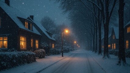 Serene snowy village night