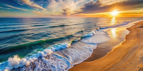 Naklejka premium Aerial view of waves crashing on a serene sandy beach at sunset , sandy beach, ocean, sandy beach