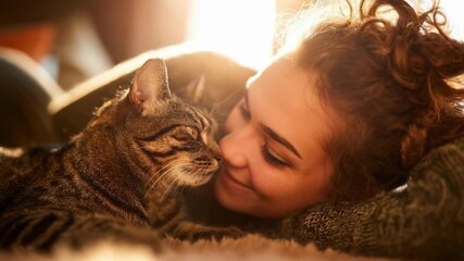 A woman cuddles a tabby cat, noses touching in a warm, affectionate moment.