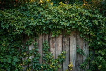 Thick Green Ivy Climbing on Weathered Wood Barrier