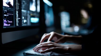 Creative work in a dimly lit office with computer screens displaying data
