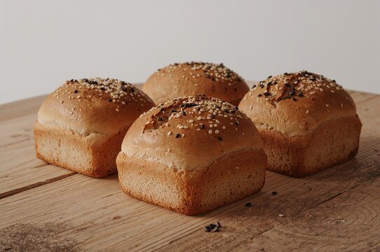 Rustic wooden table displaying homemade black sesame seed loaves, breakfast and healthy eating concept