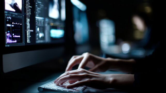 Creative work in a dimly lit office with computer screens displaying data