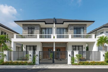 Fototapeta premium Stunning facade of a contemporary duplex recently completed, Front perspective of a fresh residential building, Exterior architectural styling against a clear sky, Designed for Sale, Lease, and Living