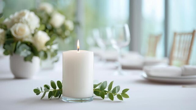 Elegant showcase wedding minimalist candle centerpiece with floral bouquet and greenery for romantic table setting evoking serene calm refined
