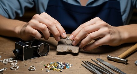 Woman's hands crafting a ring with tools on a wooden table, jewelry workshop environment, close-up shot. Concept for jewelry design, handmade crafts, and artisan entrepreneurship
