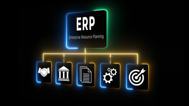 ERP system concept with icons for finance, operations, logistics, HR, and software illustrating core enterprise planning functions. Idea of ERP. Motion graphics of enterprise resource planning. 