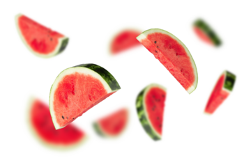 Falling Watermelon slices, cutout, full depth of field.