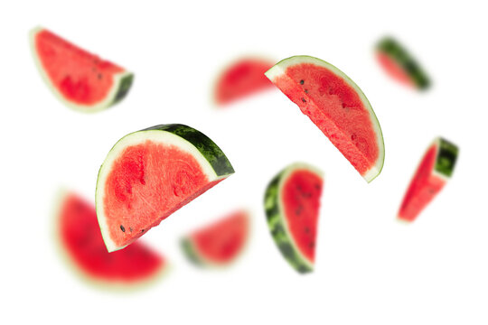Falling Watermelon slices, cutout, full depth of field.