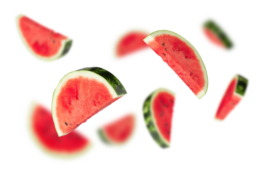 Falling Watermelon slices, cutout, full depth of field.