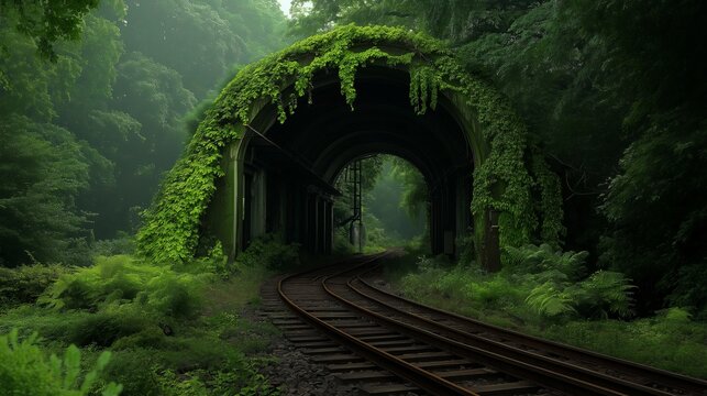 Train tracks lead into a lush green tunnel covered with vines - Powered by Adobe
