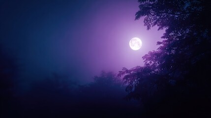 Fototapeta premium Soft blurred background in deep violet and black tones, full moon glow, subtle tree silhouettes, misty air suggesting mystery and calm night, elegant wide copy space.