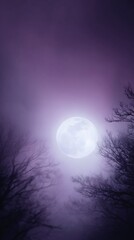 Fototapeta premium Soft blurred background in deep violet and black tones, full moon glow, subtle tree silhouettes, misty air suggesting mystery and calm night, elegant wide copy space.