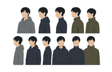 Male fashion silhouette set in profile with various casual outfits