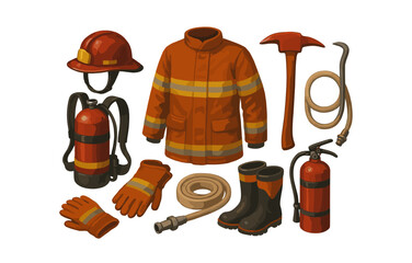 Firefighter equipment set with helmet, jacket, and tools on white background