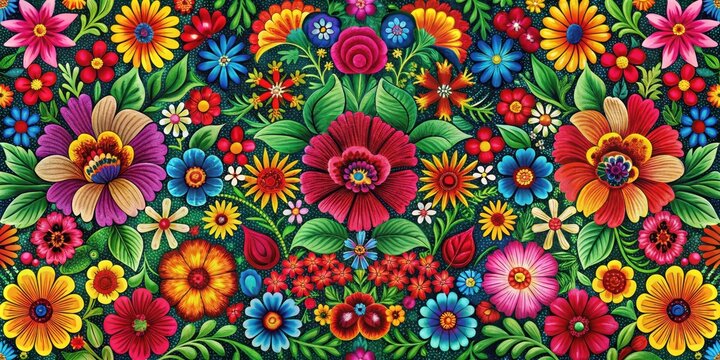 Traditional Mexican floral pattern background with intricate embroidery decoration, featuring a combination of bright colors and delicate designs , textiles, pattern