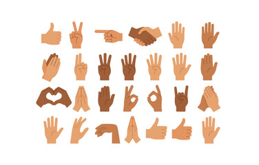 Diverse hand gestures collection in flat design for communication and expression
