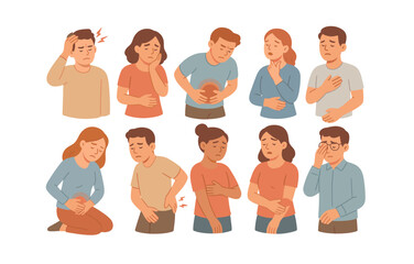 People illustrating various symptoms and discomforts in flat style