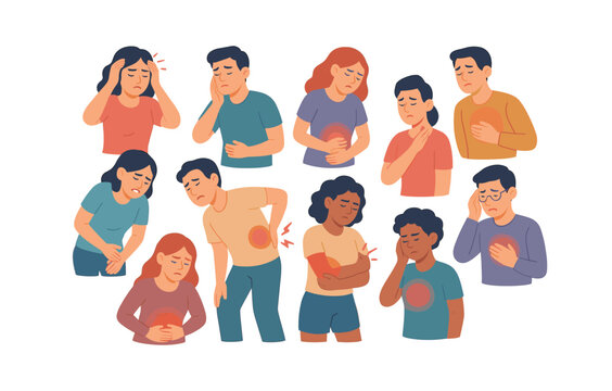Diverse people illustrating common aches and pains in flat design