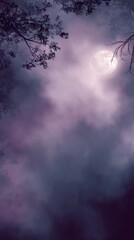 Soft blurred background in deep violet and black tones, full moon glow, subtle tree silhouettes, misty air suggesting mystery and calm night, elegant wide copy space.