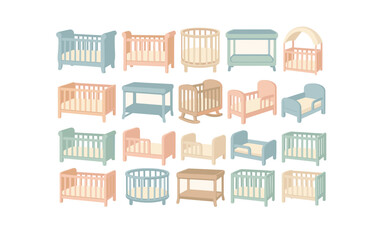 Colorful baby furniture collection: cribs, cradles, and changing tables in pastel tones