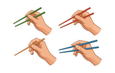 Hand positions with chopsticks in various colors on white background