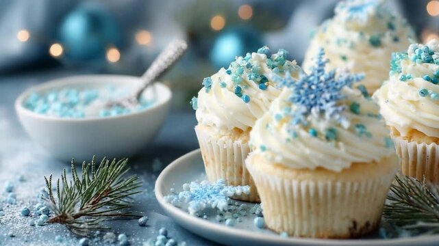 Cupcakes with swirled white frosting and blue snowflake sprinkles on a plate, a wintry scene with pine needles and blue sugar.