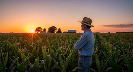 Fototapeta premium Farmer in Cornfield at Sunset.