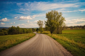 Fototapeta premium Scenic countryside path under a bright and warm sun, featuring clear skies and lush greenery