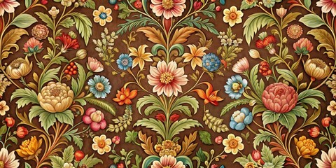 Richly colored vintage floral damask pattern featuring a mix of colorful flowers, leaves, and vines, set against a warm and cozy brown background, rich colors, leaves