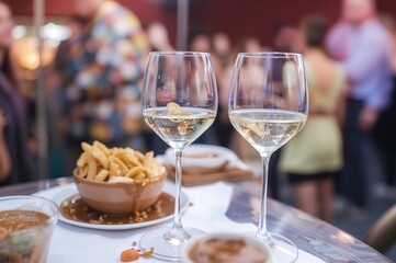 Two wine glasses placed on a table during a lively party with guests mingling in the background.