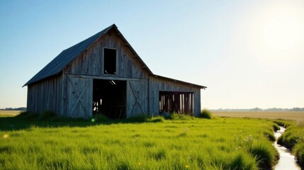 Obraz premium Rustic wooden barn stands solitary in a vibrant green field, bathed in sunlight, beside a tranquil stream under a clear sky