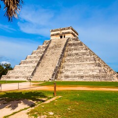Ancient Mayan pyramid under a clear sky