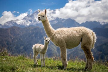Fototapeta premium White Alpaca and Its Young, Mammal Native to the Andes