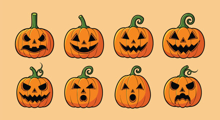 Cute and Spooky Halloween Pumpkin Faces Vector Set