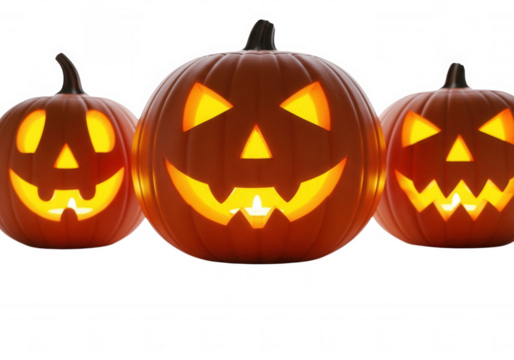 Glowing jack o lanterns isolated on a transparent background